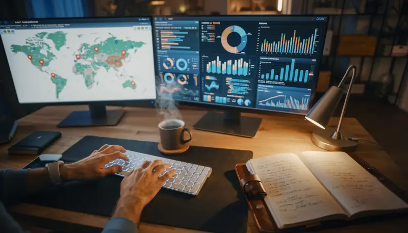 Unternehmer bearbeitet Google Business Profile am Computer