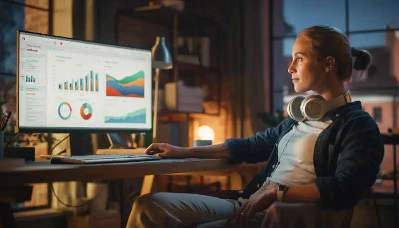 Freelancer arbeitet konzentriert am Laptop in modernem Home Office