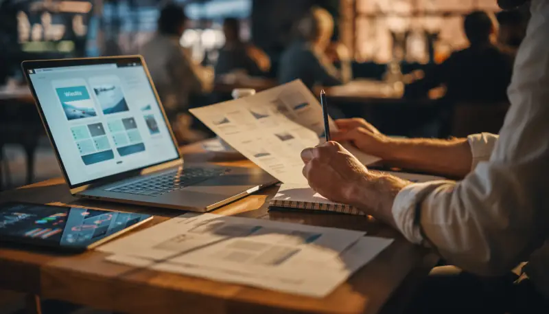 Geschäftsinhaber plant Website-Budget mit Notizen und Laptop