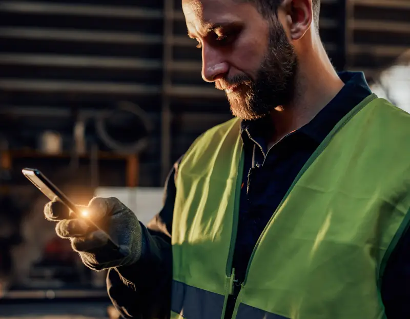 Handwerker auf der Baustelle erhält Kundenanfrage auf dem Smartphone