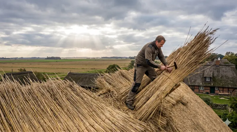 Online-Marketing für Handwerker - Dachdecker bei der Arbeit auf einem Reetdach in Schleswig-Holstein