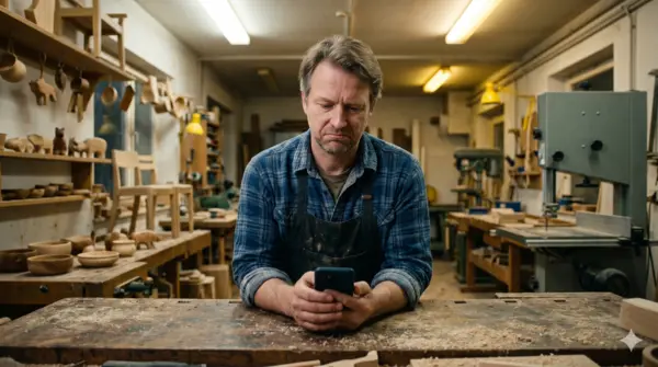 Online-Marketing für Handwerker - Tischler prüft skeptisch ein Marketing-Versprechen am Smartphone