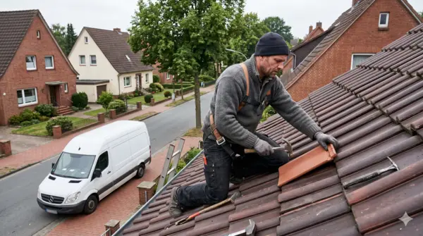 SEO für Handwerker - Dachdecker arbeitet sichtbar auf einem Dach statt am Portal-Tropf