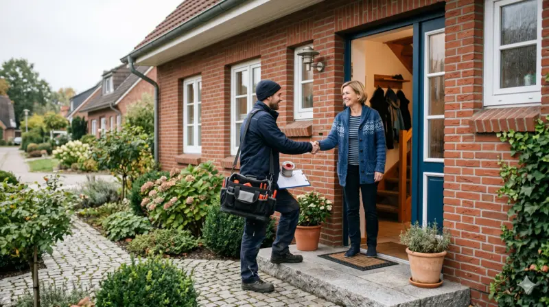 SEO für Handwerker - Elektriker wird von Kunden vor Wohnhaus empfangen, lokale Sichtbarkeit