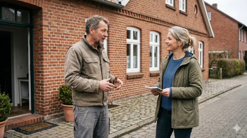SEO für Handwerker - Handwerker und Kunde im Gespräch vor regionalem Gebäude in Norddeutschland