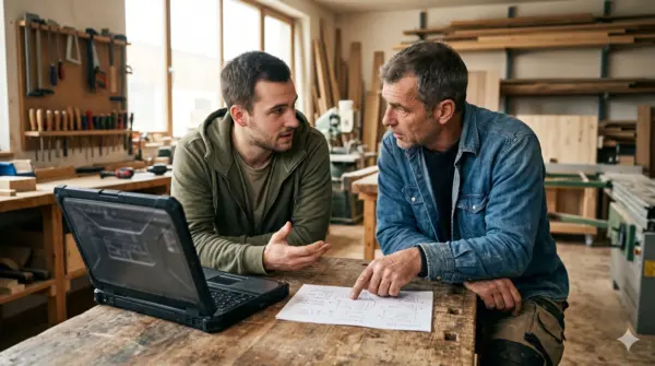 SEO für Handwerker - Entwickler und Handwerker besprechen gemeinsam Keyword-Strategie und Content-Plan