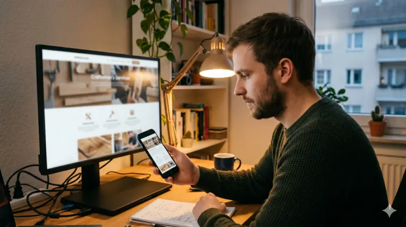 SEO für Handwerker - Entwickler prüft mobile Darstellung einer Handwerker-Website