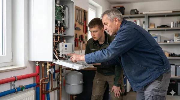 SEO für Handwerker - SHK-Meister leitet einen jungen Azubi an einer Heizungsanlage an