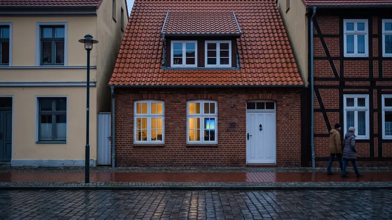 Webdesign Boizenburg: erleuchtetes Praxisfenster am Abend in einer Straße der Altstadt von Boizenburg