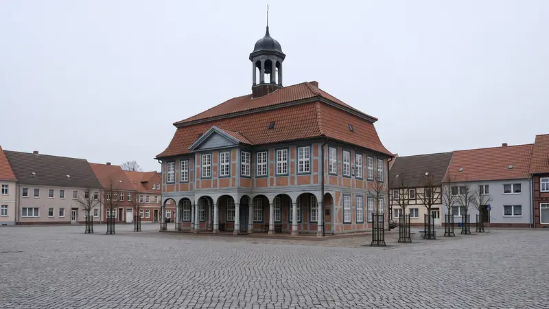 Webdesign Boizenburg: das freistehende Fachwerk-Rathaus mitten auf dem Marktplatz von Boizenburg/Elbe