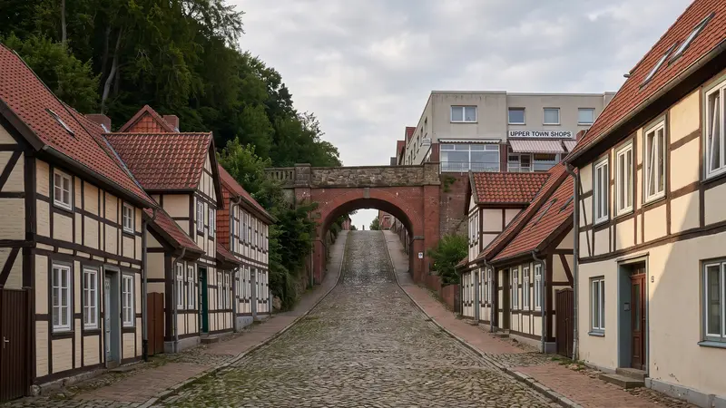 Webdesign Lauenburg/Elbe: Fachwerkzeile am Strom unter dem bewaldeten Steilhang, darüber die Oberstadt