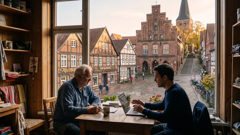 Webdesign Schleswig-Holstein: Beratung im Geschäftshaus in Mölln mit Blick auf Rathausgiebel und Markt