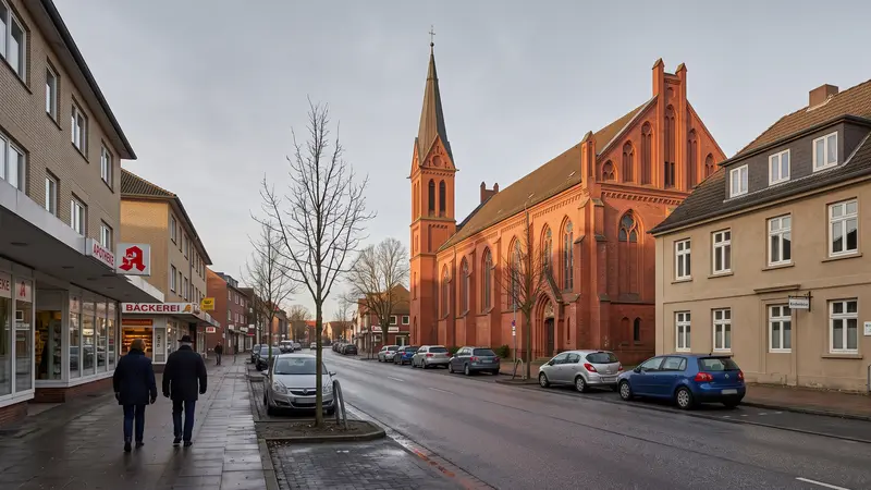Webdesign Schwarzenbek: Hauptstraße mit Backsteinkirche und Ladenzeilen der Nachkriegszeit