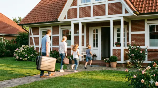 Website für Ferienhaus für Familien – Familie kommt mit Gepäck am gebuchten Ferienhaus an