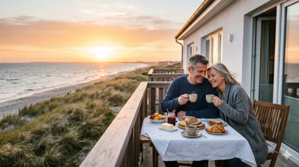 Website für Ferienwohnung am Meer – Paar frühstückt mit Meerblick in der gebuchten Wohnung