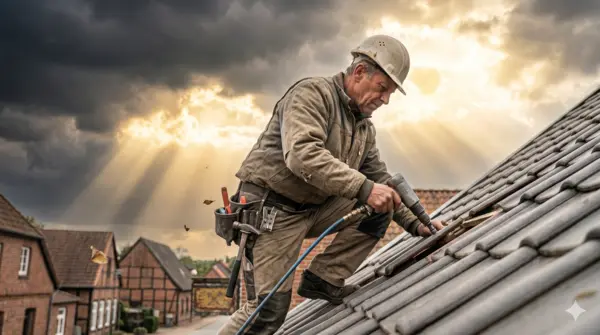 Website für Handwerker - Dachdecker auf dem Dach nach einem Sturm, gefragt im lokalen Notdienst