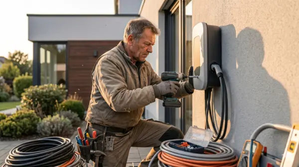 Website für Handwerker - Elektriker installiert eine Wallbox-Ladestation, gefragte Anfrage
