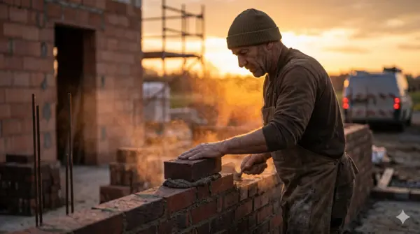Website für Handwerker - Maurer baut eine Wand im Sonnenuntergang, Referenzen belegen Erfahrung
