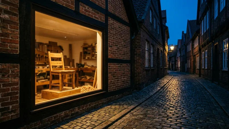 Erleuchtetes Schaufenster eines Handwerksbetriebs zur blauen Stunde – Website-Texte: die Startseite als Schaufenster