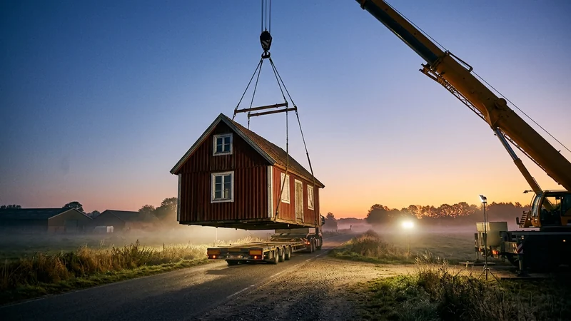 Holzhaus hängt im Morgennebel am Haken eines Autokrans über einem Tieflader – Website umziehen: alles zieht zusammen um
