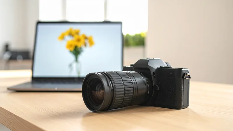 Kamera vor einem Laptop mit großem Foto – Bilder fürs Web verkleinern, wenn WordPress zu langsam lädt