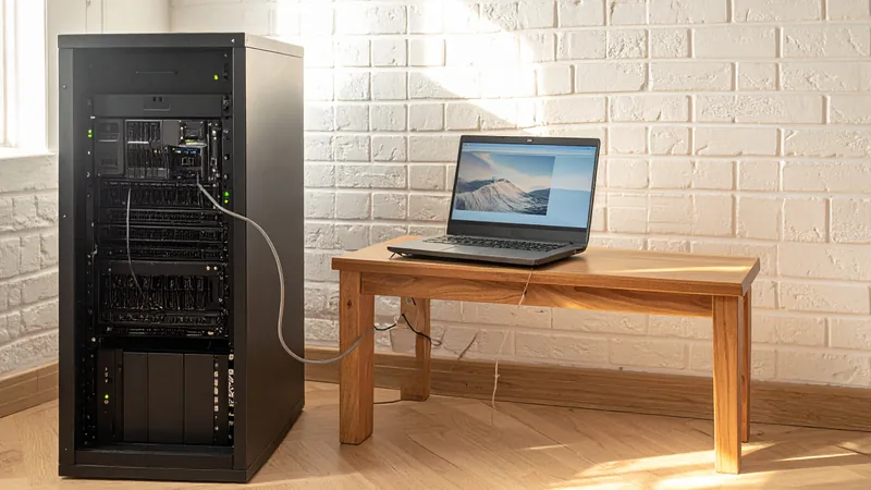 Offenes Serverrack neben einem Laptop auf einem Holztisch – für WordPress-Performance erst Server oder Browser prüfen