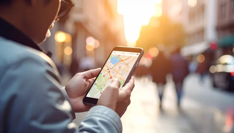 Smartphone zeigt Google Maps mit lokalen Unternehmenseinträgen