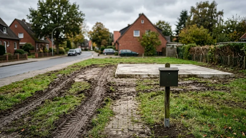 Leeres Grundstück mit Fundament und Reifenspuren, nur der Briefkasten steht noch – was das Migrations-Plugin nicht mitnimmt
