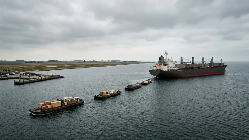 Frachter auf Reede, kleine Leichter bringen die Ladung in den flachen Hafen – WordPress manuell umziehen