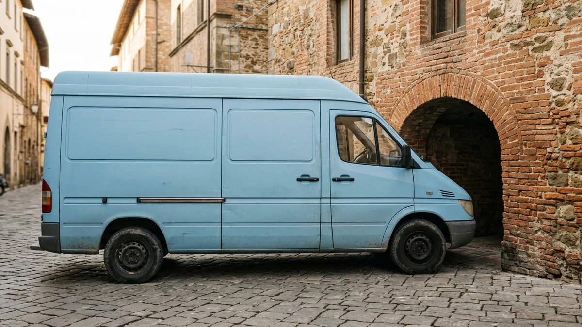Kleintransporter vor zu niedrigem Backstein-Torbogen – All-in-One WP Migration stößt beim Upload an Servergrenzen