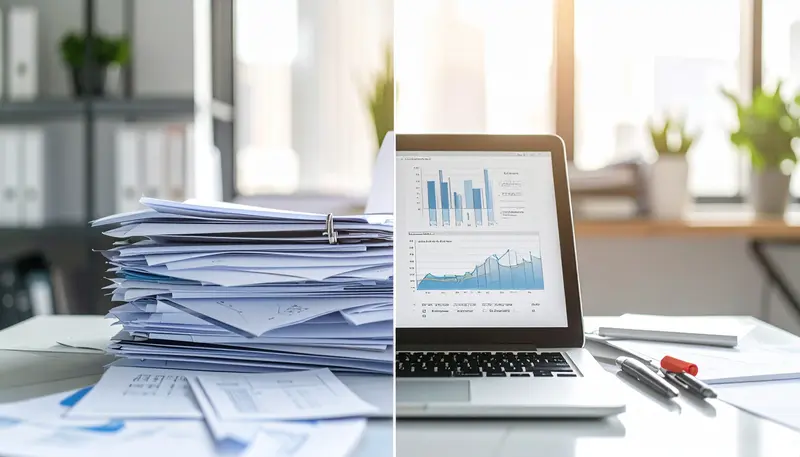 Digitalisierung Handwerk - Aufgeräumter Laptop-Arbeitsplatz neben chaotischem Papierstapel