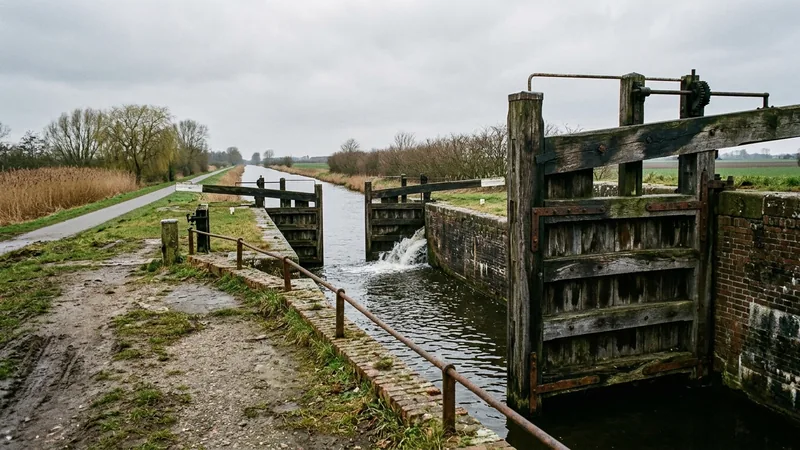 Drei Schleusentore hintereinander in einem Kanal, durch das mittlere strömt Wasser