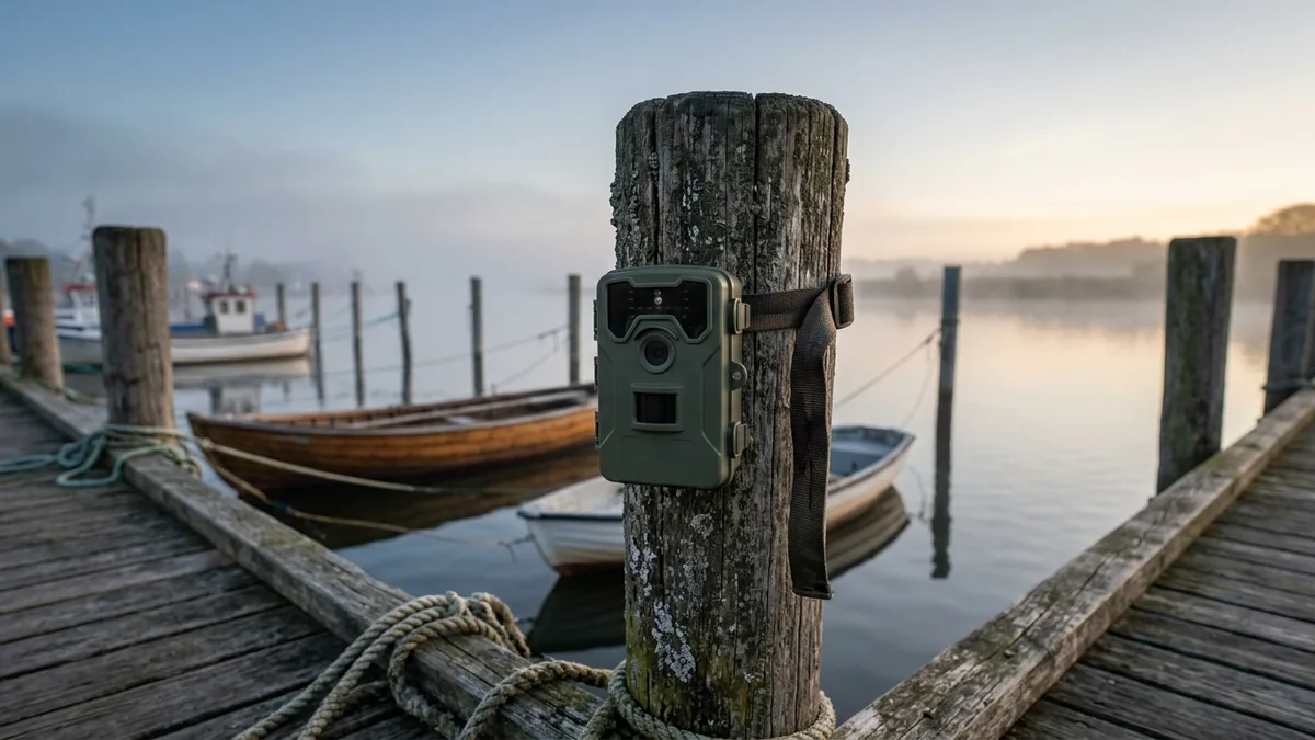 Wildkamera an einem Holzpfahl am Steg, im Morgendunst liegen kleine Boote an ihren Plätzen