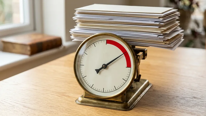 Briefwaage mit hohem Stapel Umschläge, der Zeiger steht im roten Bereich – Fehler 5.7.515 bei Outlook