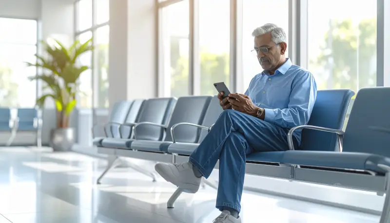 Homepage für Arztpraxis - Patient sucht auf Smartphone nach Arzt in der Nähe