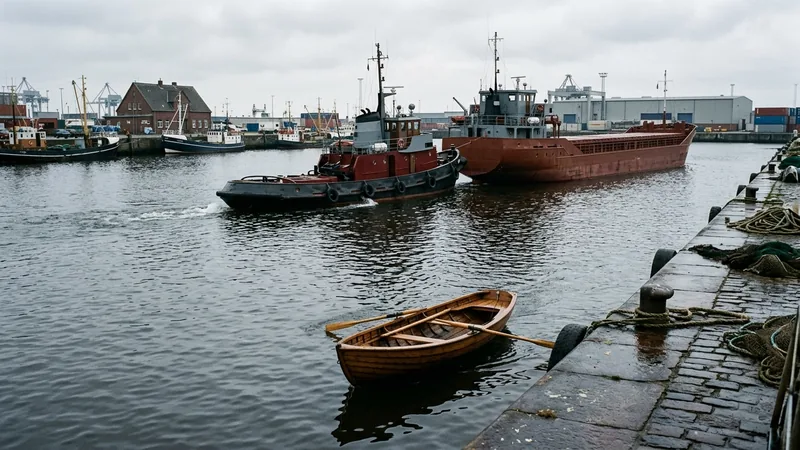 Ruderboot legt allein am Kai an, dahinter bringt ein Schlepper einen Frachter zum Liegeplatz – Umzug selbst oder mit Hilfe