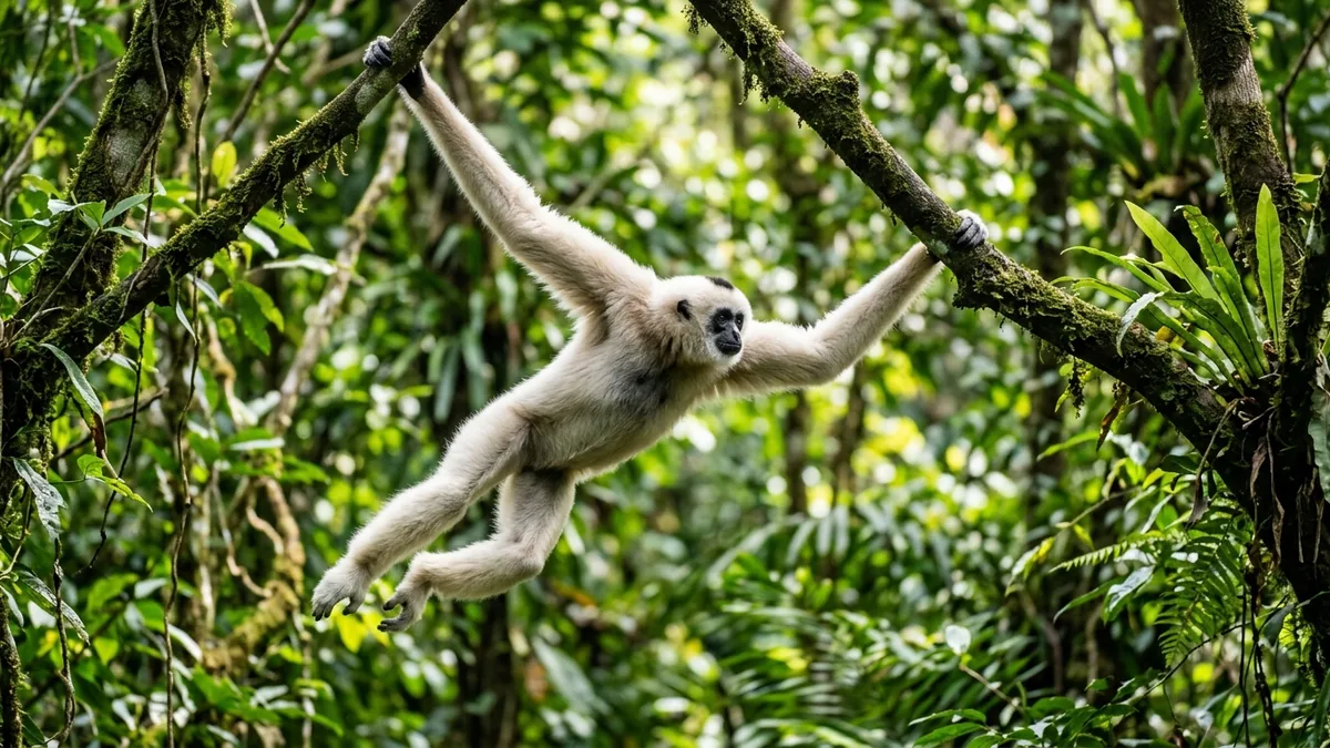 Weißhandgibbon hält sich mit beiden Händen an zwei Ästen fest, bevor er weiterschwingt – IONOS kündigen