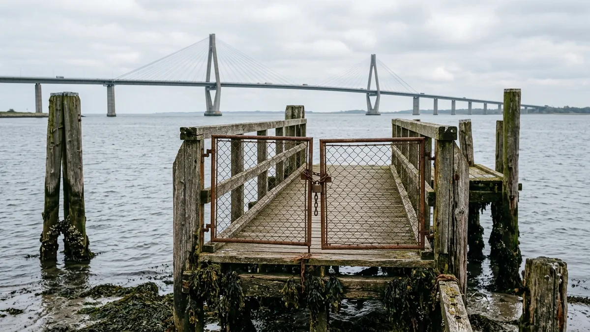 Geschlossener alter Fähranleger, im Hintergrund spannt sich eine neue Brücke übers Wasser – Joomla 3 Update
