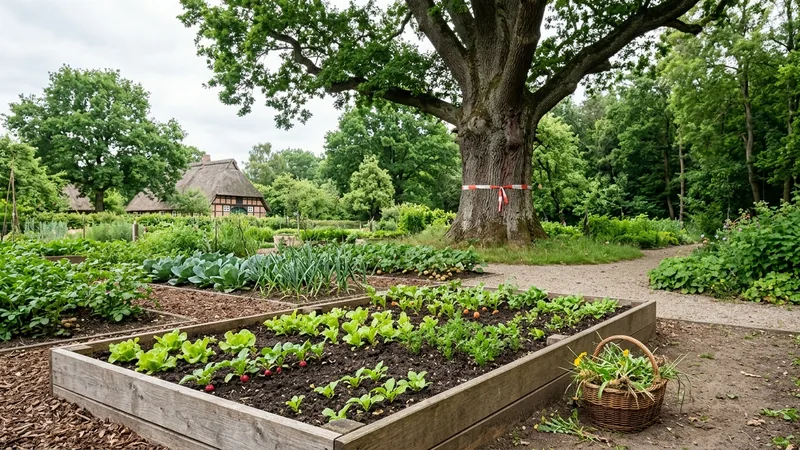 Gejätetes Hochbeet im Garten, dahinter ein alter Baum mit rot-weißem Band – selbst beheben oder SEO-Analyse