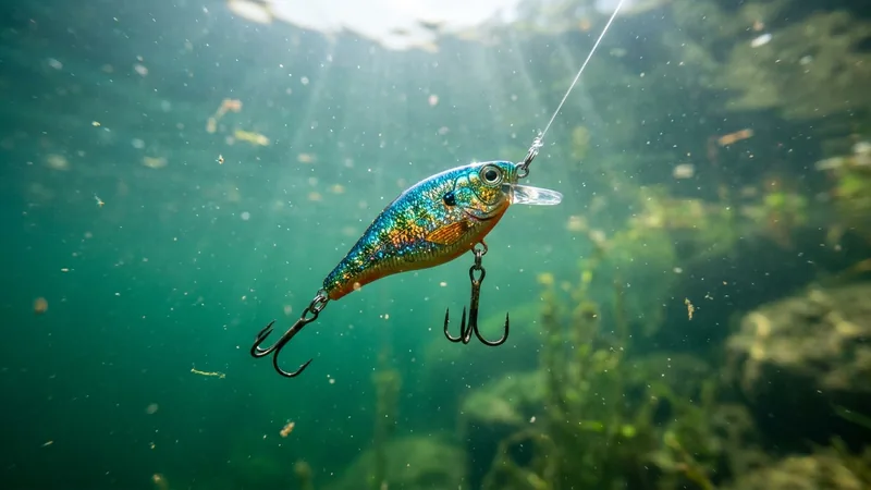 Glänzender Angelköder unter Wasser, darunter der Haken – Warnzeichen in einem SEO-Angebot