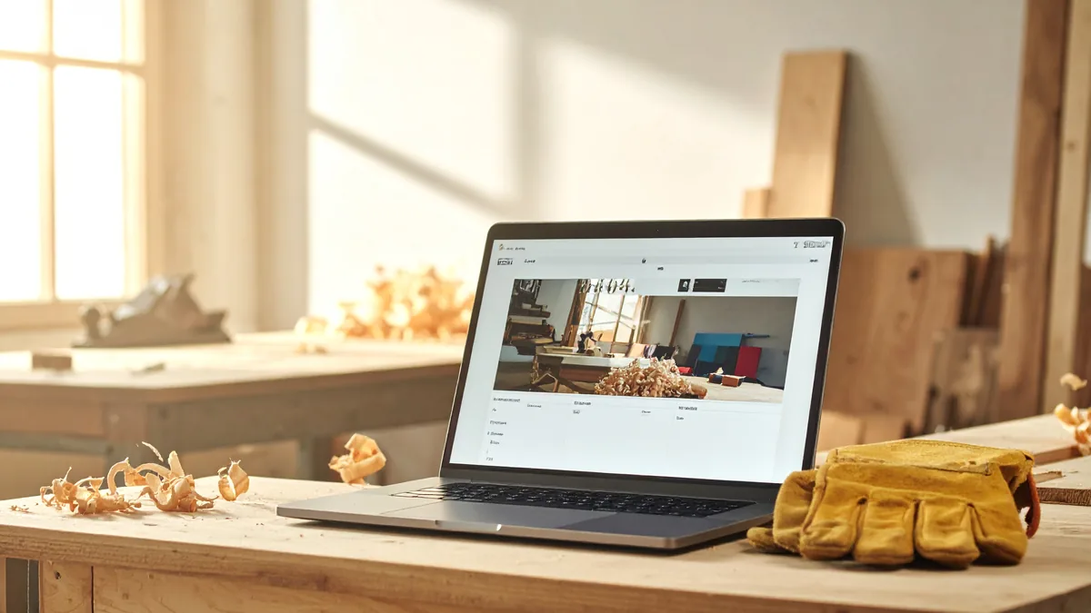 Laptop mit Handwerker-Website auf der Werkbank – Mitarbeiter finden im Handwerk über die eigene Karriereseite