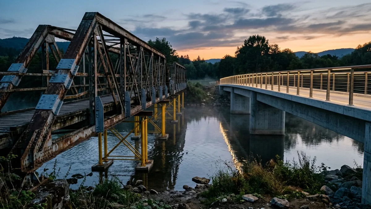 Alte Stahlbrücke auf gelben Notstützen, daneben eine fertige neue Brücke über einem Fluss in der Abenddämmerung