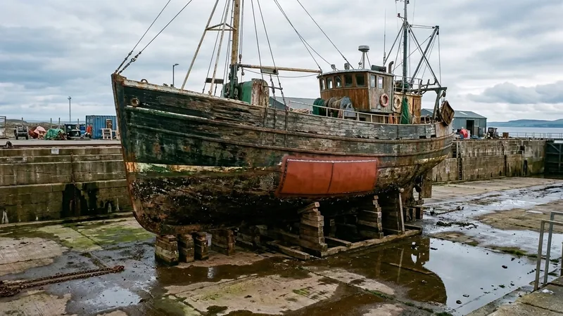 Kutter im Trockendock mit frisch ersetzter Rumpfplatte – Reparatur am tragenden Unterbau statt an der CMS-Oberfläche