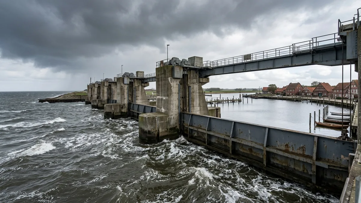 Stählernes Sperrwerkstor an einer Hafeneinfahrt vor dunkler Wetterfront – Vorbereitung auf das PHP2Shell-Update