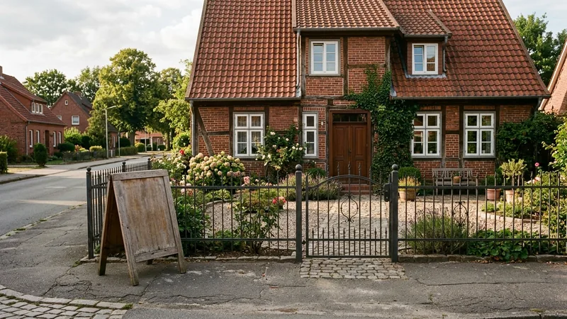 Eigenes Backsteinhaus mit Hof und Aufsteller vor dem Tor – eigene Website und Unternehmensprofil bei SEO