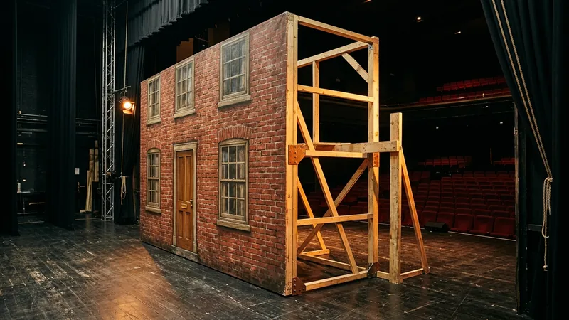 Bemalte Theaterkulisse einer Hausfassade, hinter der nur ein offenes Holzgerüst auf einer Bühne steht