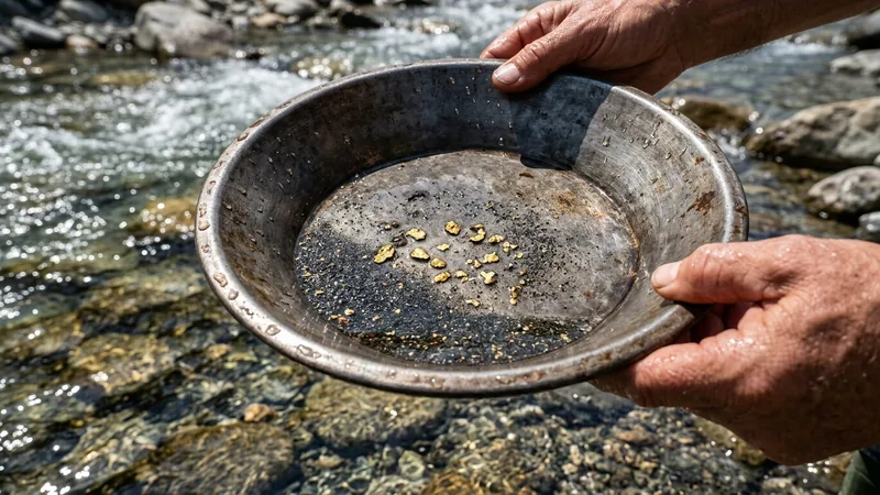 Goldwaschpfanne über einem Bach, im dunklen Sand liegen einzelne Goldflocken – KI-Texte überarbeiten