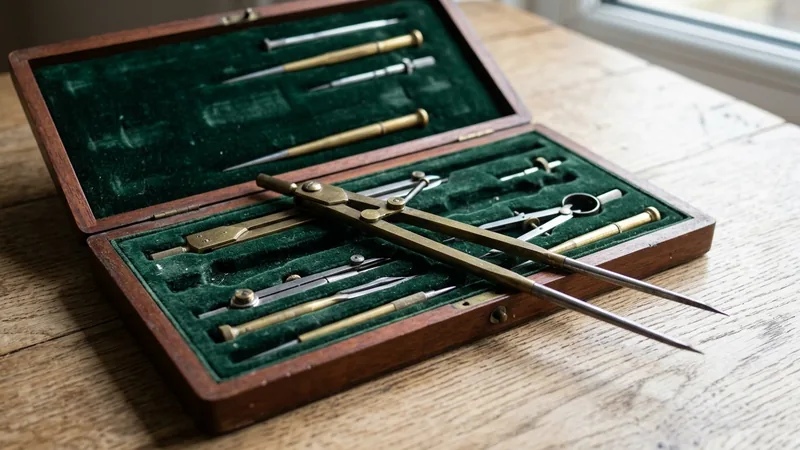 Reißzeug-Etui mit grünem Samt, ein Stechzirkel ist zu lang für sein Fach und liegt quer darüber – serialisierte Daten