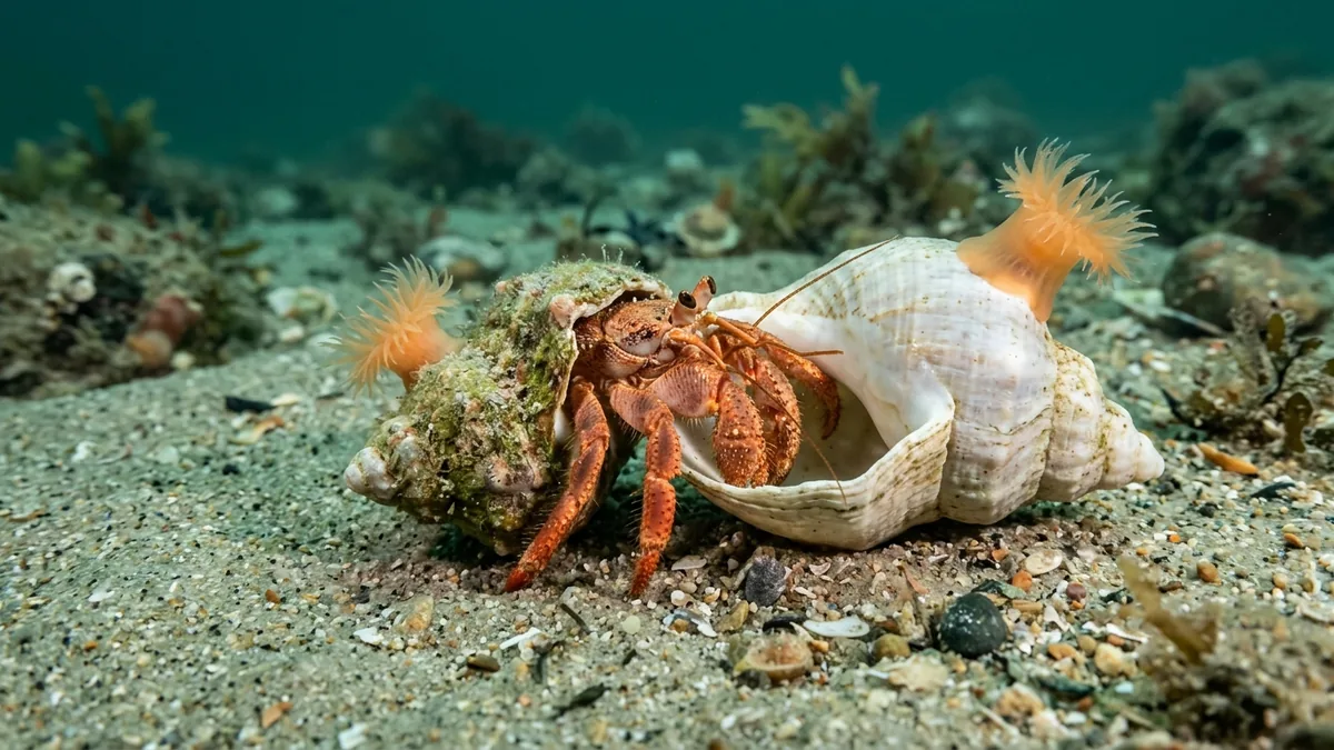 Einsiedlerkrebs zieht in ein größeres Schneckenhaus, auf beiden Häusern sitzt eine Seeanemone – WordPress-Domain ändern