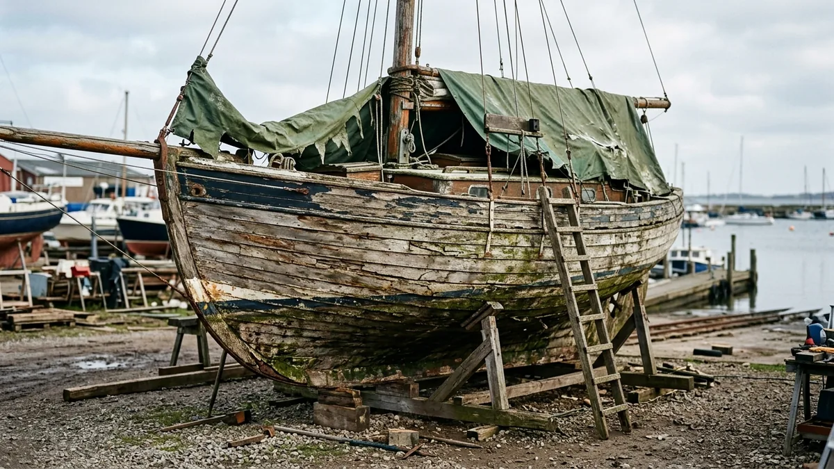 Altes Holzsegelboot auf Böcken in einer Werft, mit Moos und abblätternder Farbe – WordPress lange nicht aktualisiert